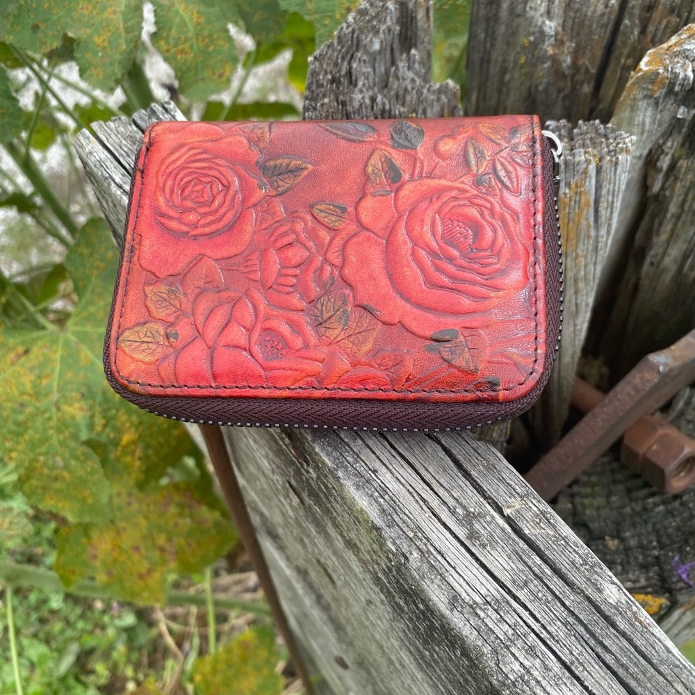 Floral Embossed Red Leather Wallet